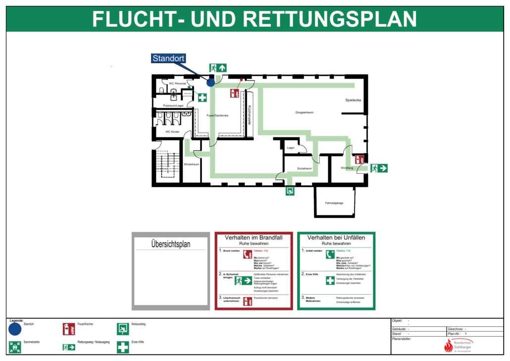Vorschau Beispiel Flucht- und Rettungsplan Beispiel eines Flucht- und Rettungsplans mit Grundriss, Fluchtwegen, Standort und Verhaltensregeln